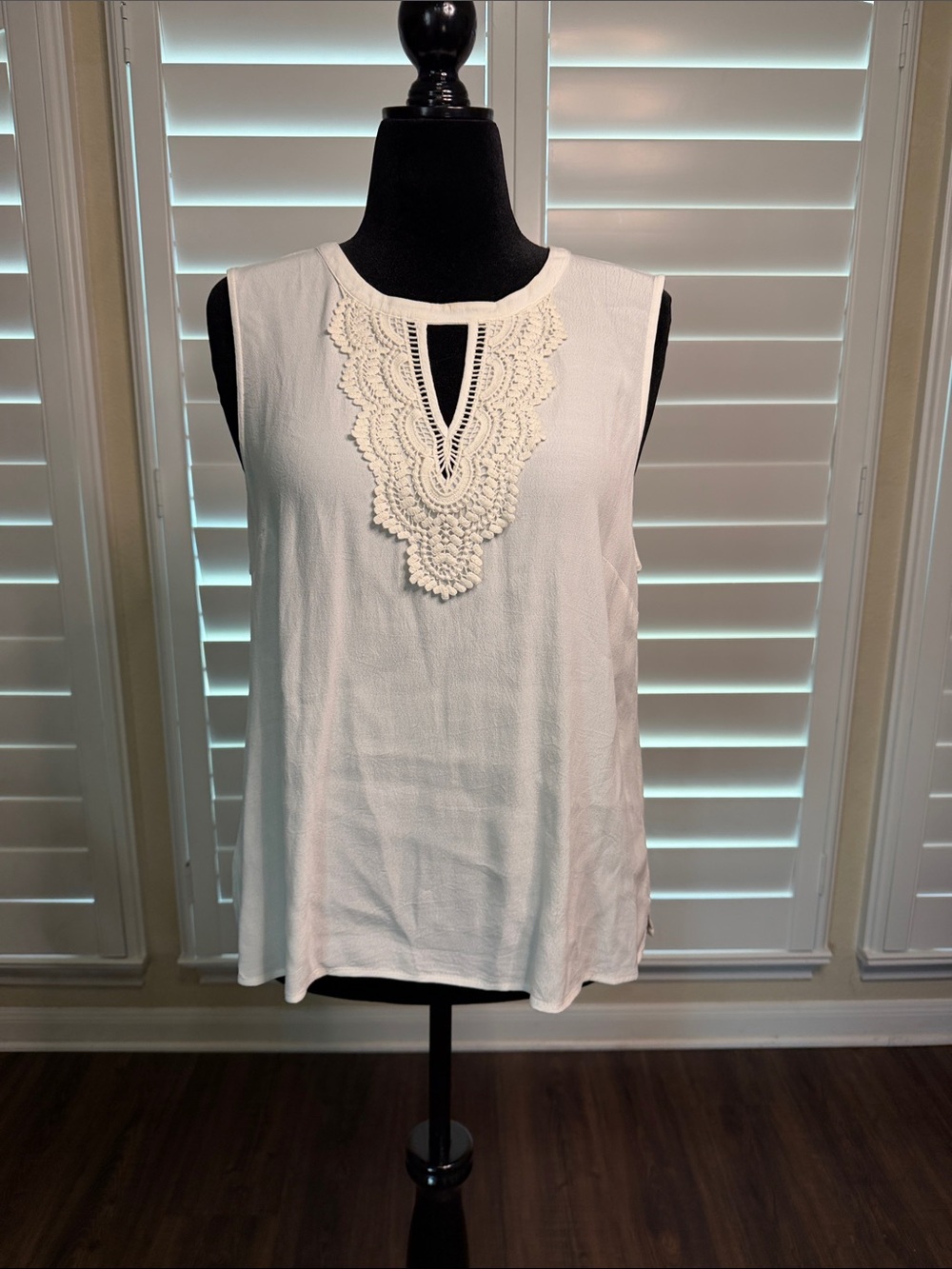 Sleeveless Crochet-Detail White Blouse